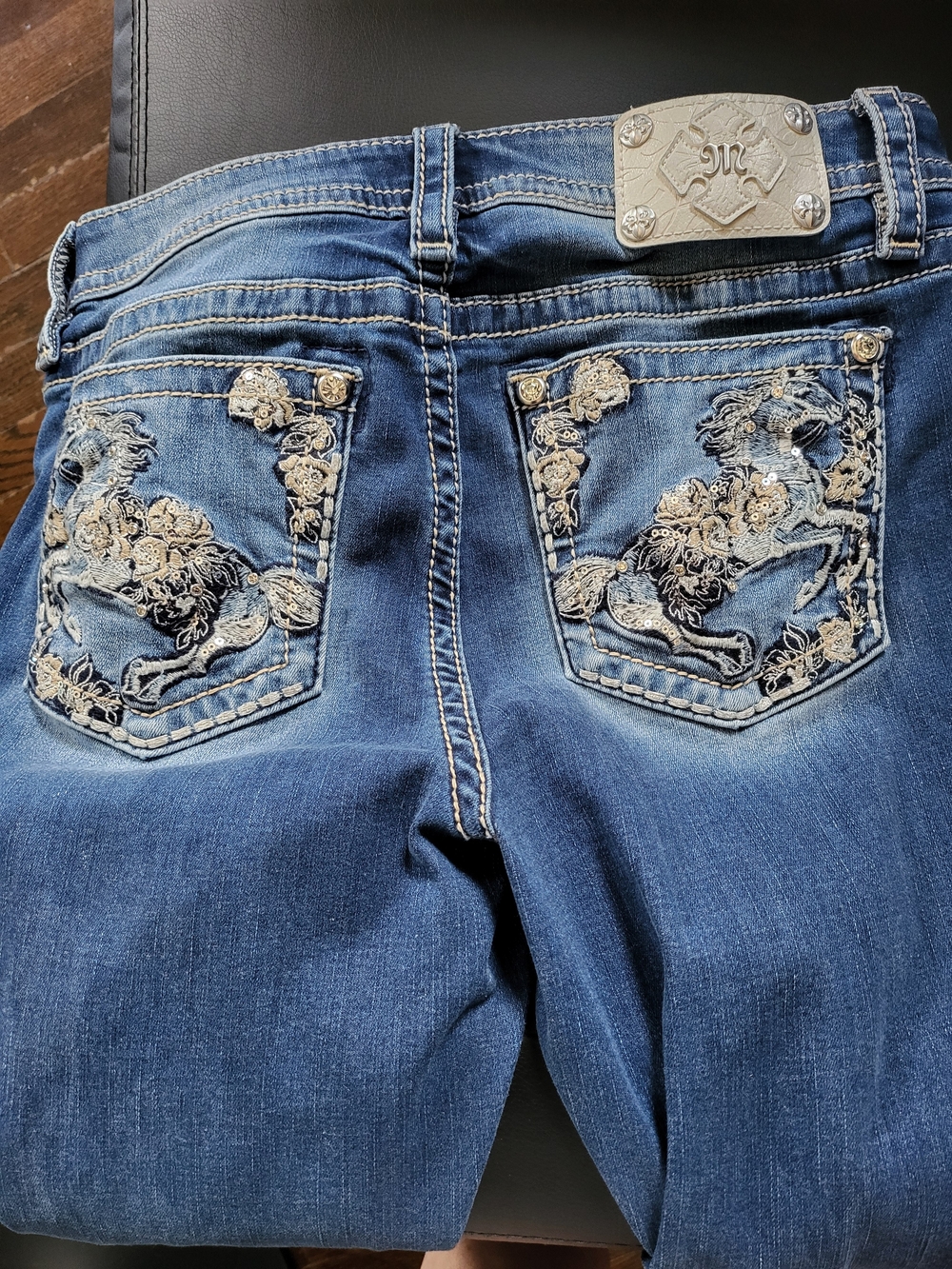 Miss Me Distressed Dark Blue Bootcut Jeans with Embroidered Pockets
